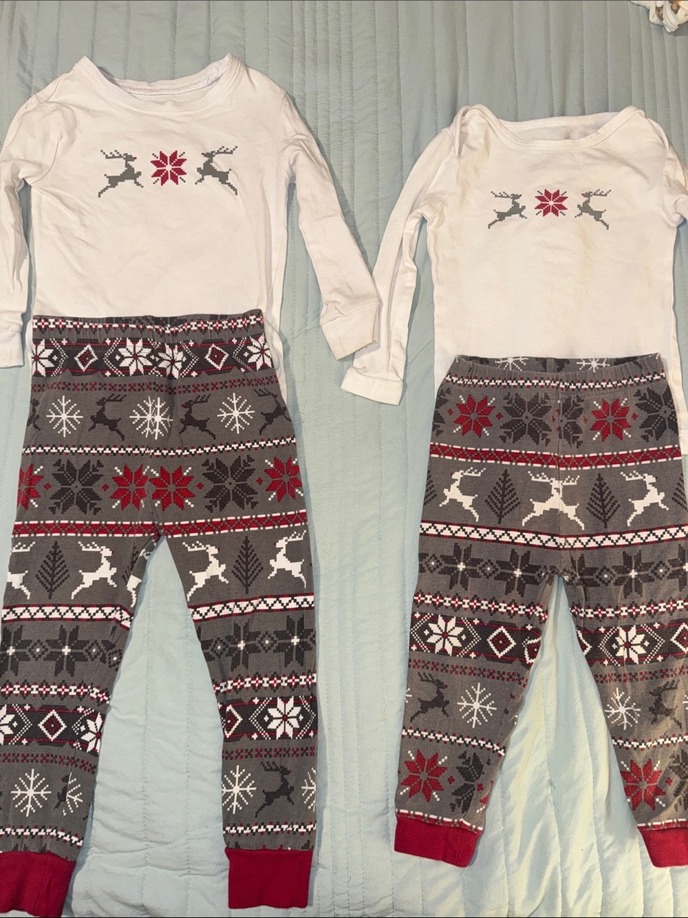 Holiday PJs - Gray, White Red - Reindeer, Poinsettias and Snowflakes